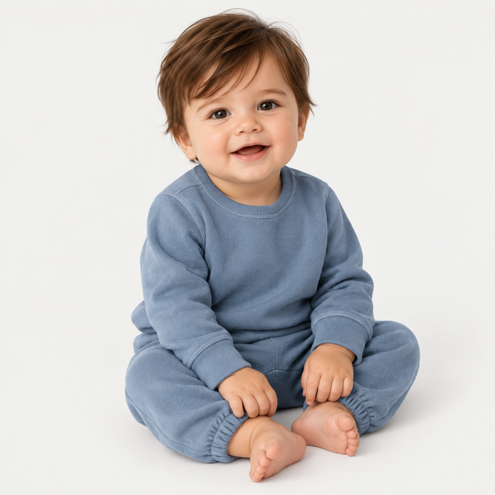Baby wearing PAIGELAUREN Blue Fleece Sweatshirt and Sweatpant Set