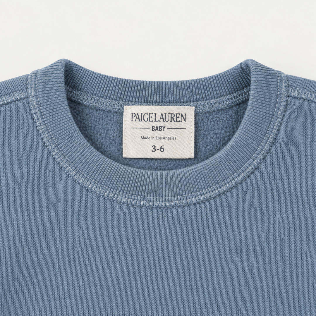 PAIGELAUREN Blue Fleece Sweatshirt crewneck, label and interior fleece detail