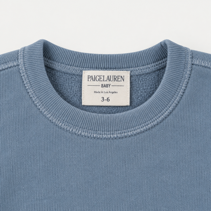 PAIGELAUREN Blue Fleece Sweatshirt crewneck, label and interior fleece detail