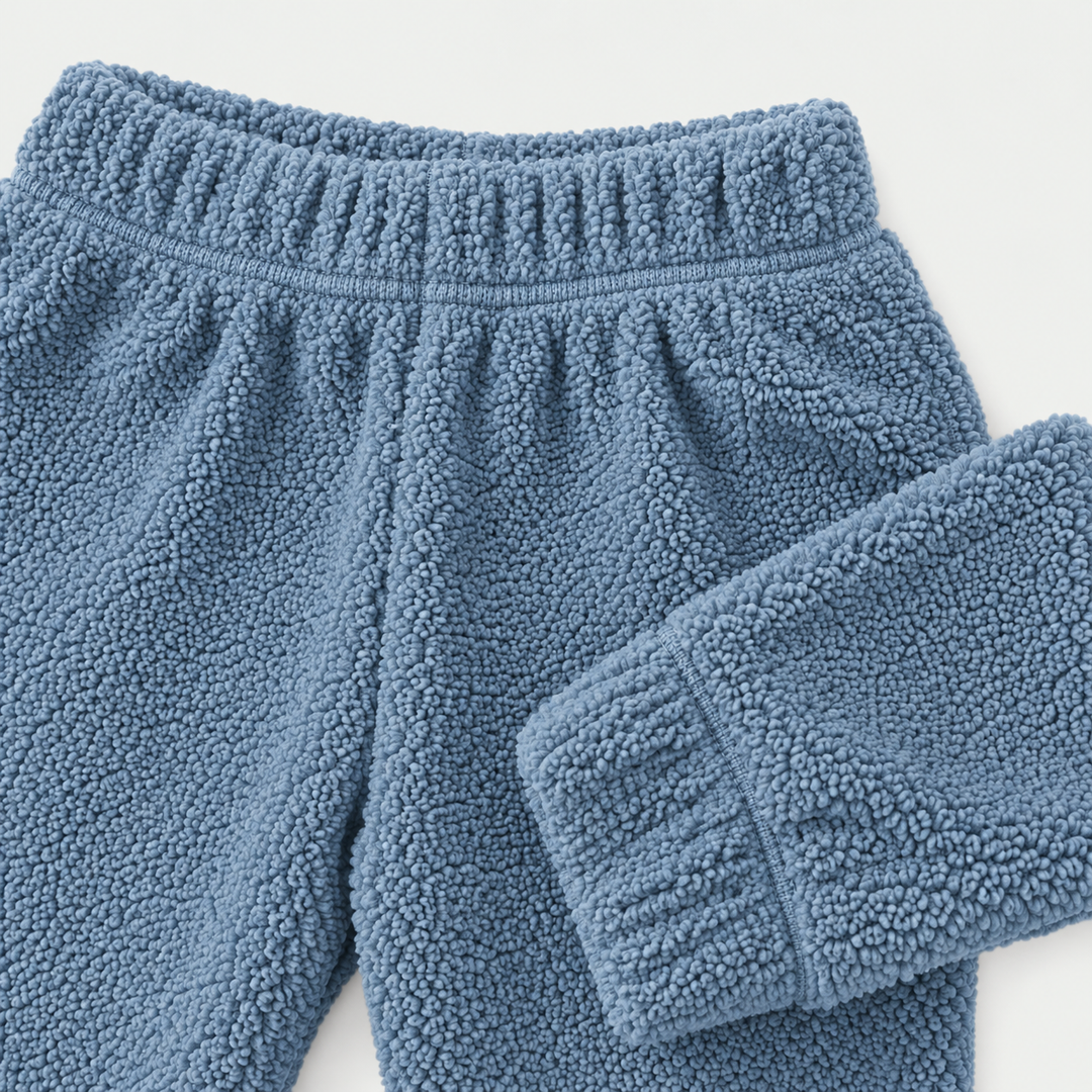 Blue Fluffy Sherpa jogger elastic waistband and ribbed cuff detail