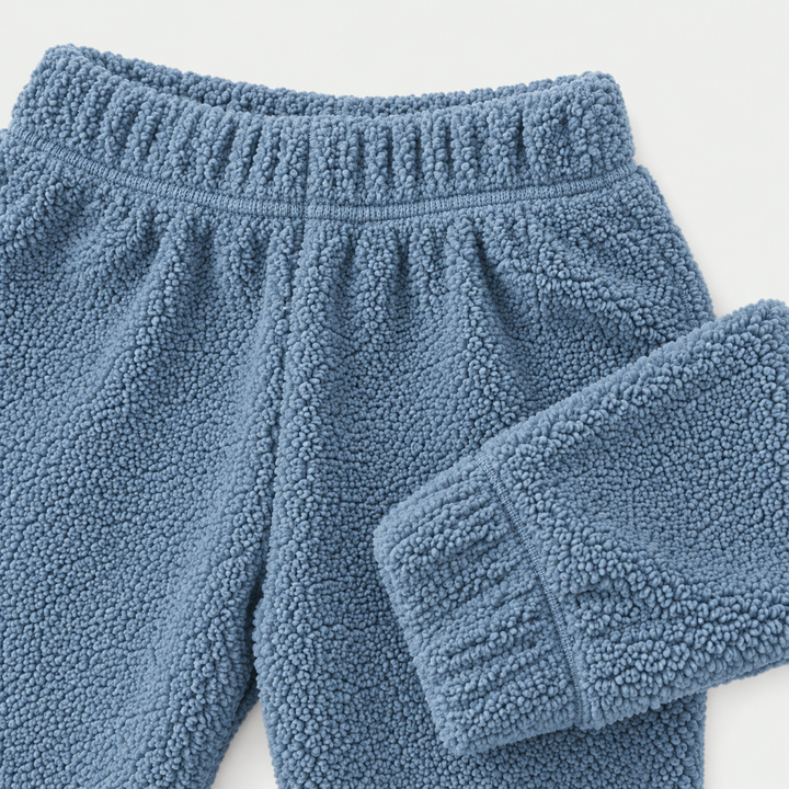 Blue Fluffy Sherpa jogger elastic waistband and ribbed cuff detail