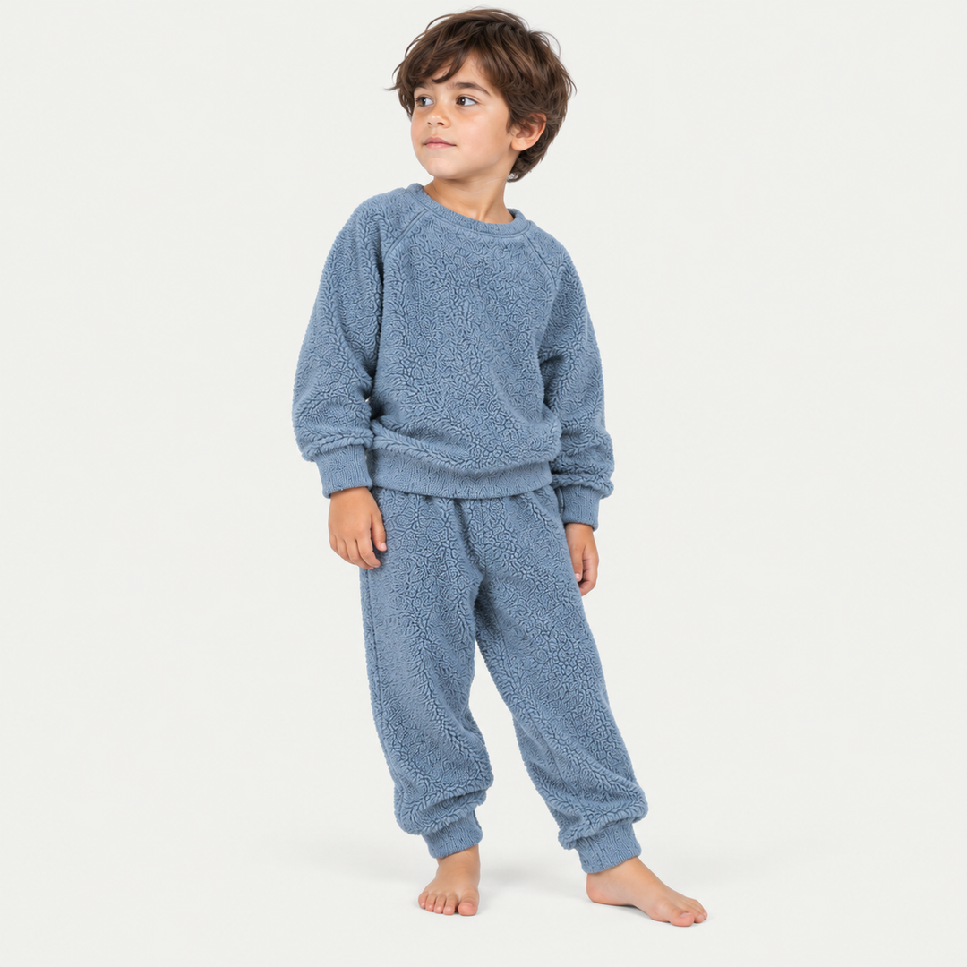 PAIGELAUREN Blue Fluffy Sherpa matching sweatshirt and jogger set on child