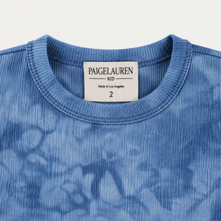 PAIGELAUREN Blue Marble 2x1 Rib Tee neckline and Made in Los Angeles label