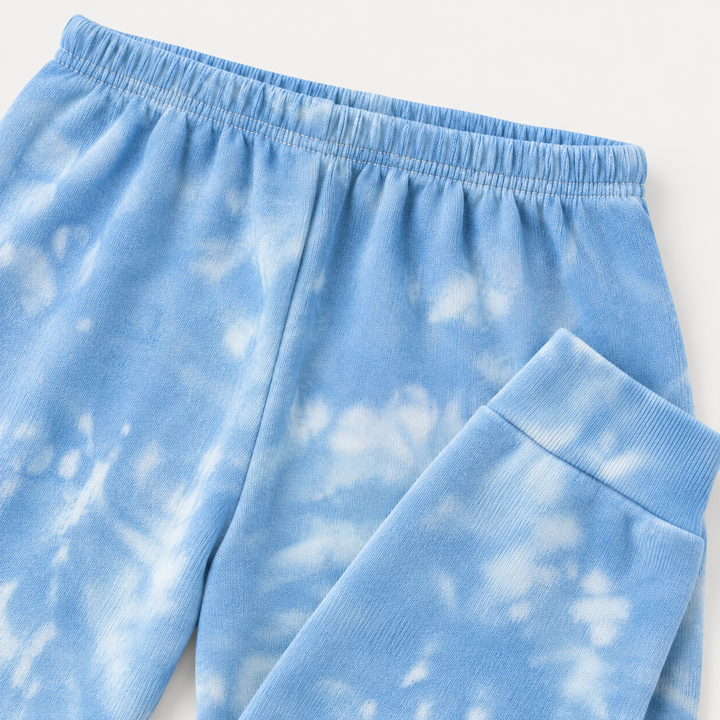 Blue marble French terry jogger elastic waistband and fabric detail