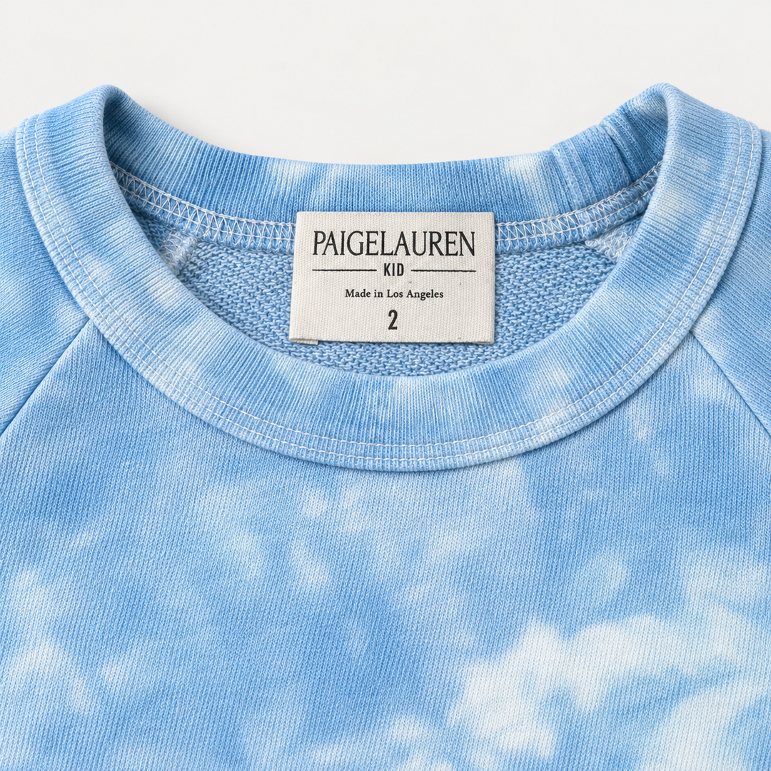 Blue marble French terry raglan neckline and PAIGELAUREN label detail
