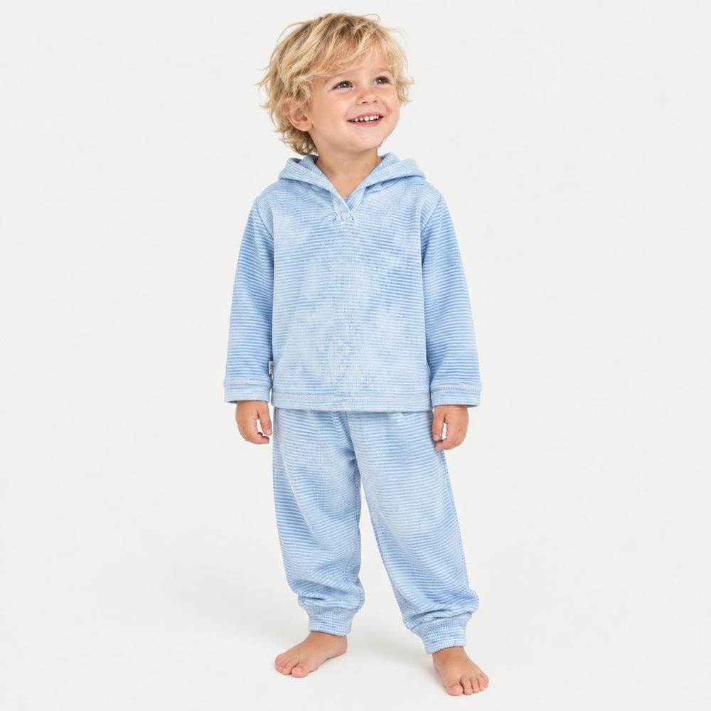 Toddler wearing PAIGELAUREN Blue Marble Rib Hoodie + Legging Set