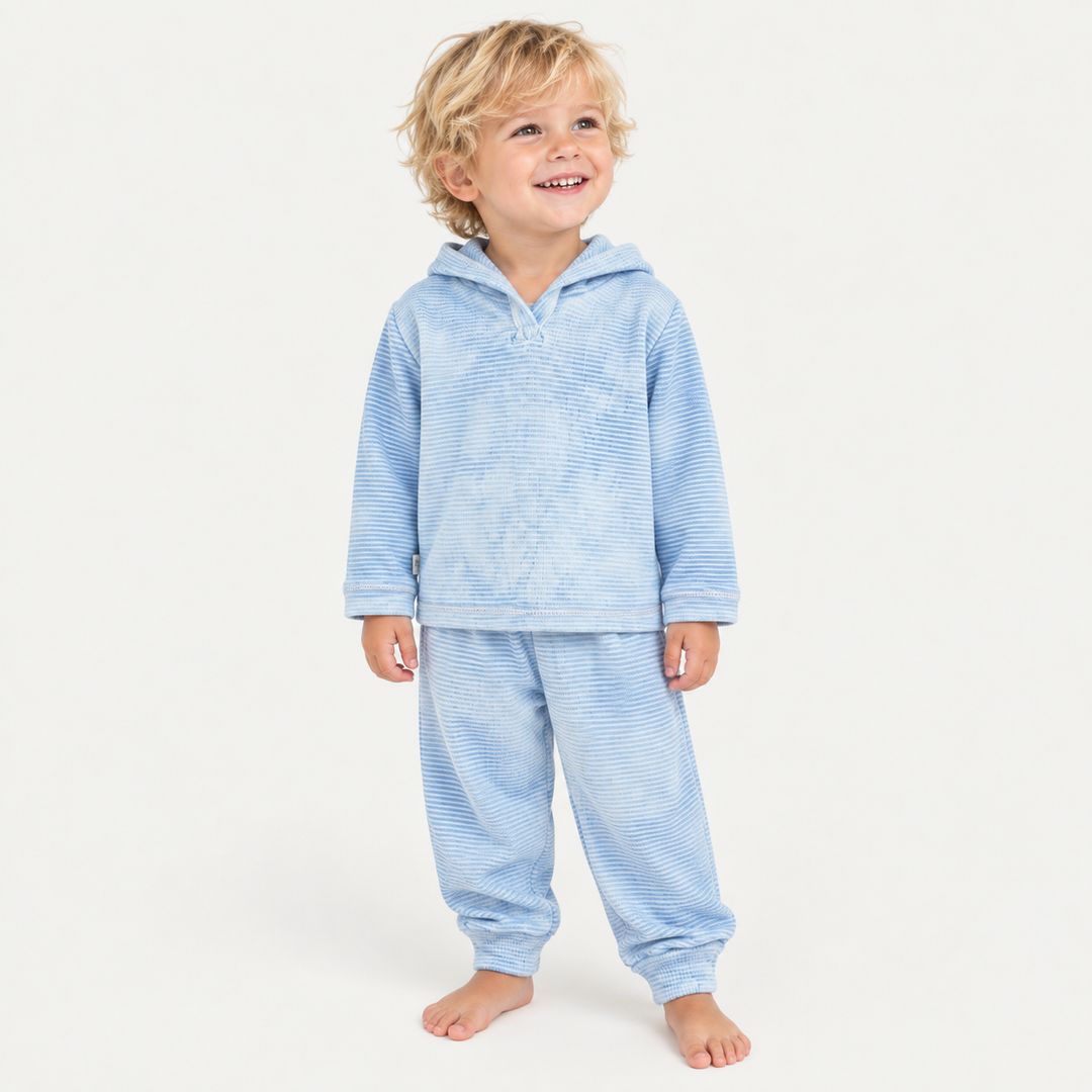 Toddler wearing PAIGELAUREN Blue Marble Rib Hoodie + Legging Set