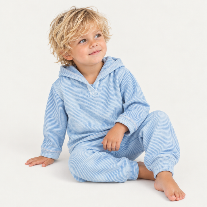 Toddler modeling PAIGELAUREN Blue Marble Rib Hoodie + Legging Set