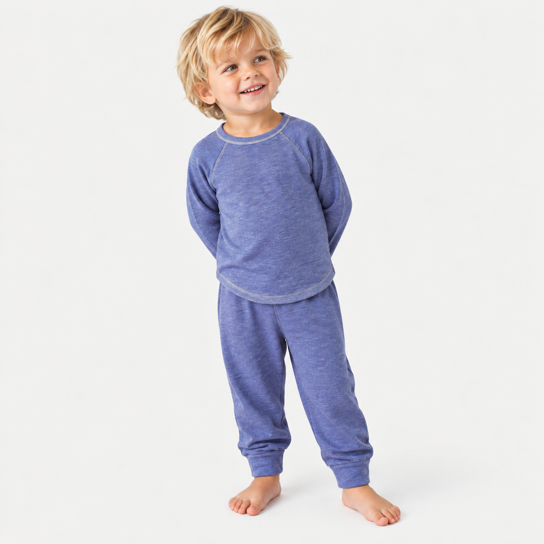 Child in blue marble slub rib raglan tee and jogger by PAIGELAUREN