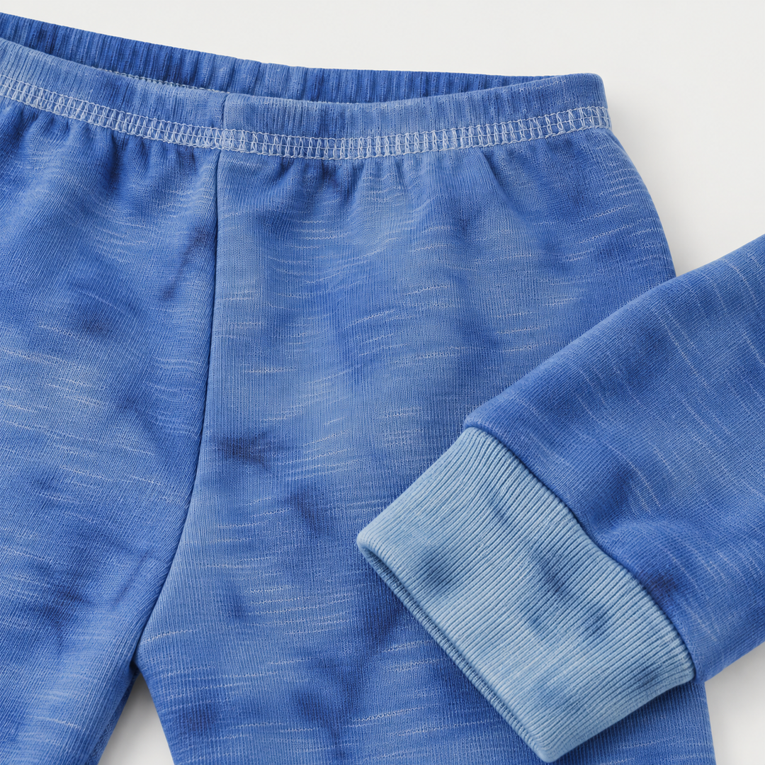 Blue marble slub rib jogger waistband, fabric and cuff detail