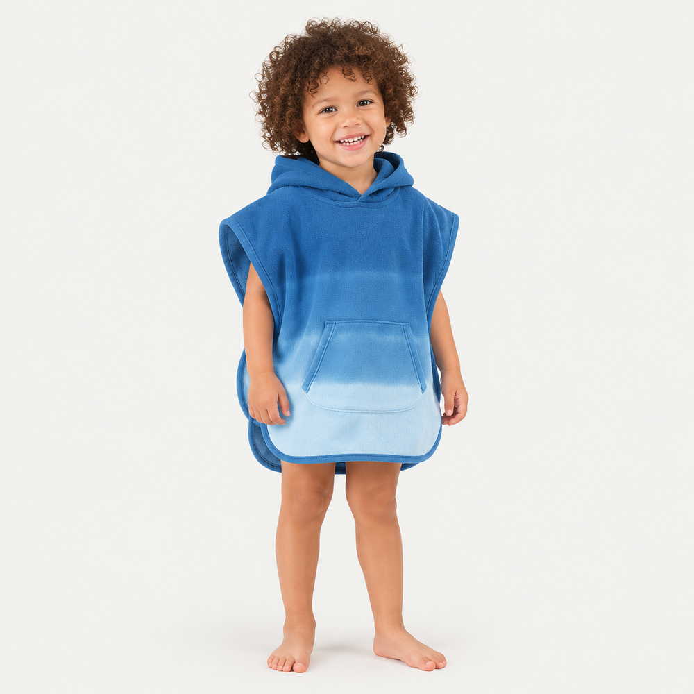 Toddler wearing PAIGELAUREN Blue Ombré Loop Terry Hooded Poncho