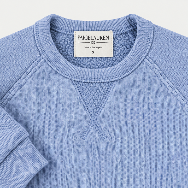 Blue Sherpa sweatshirt ribbed neckline, raglan seams, triangle detail and plush sherpa interior
