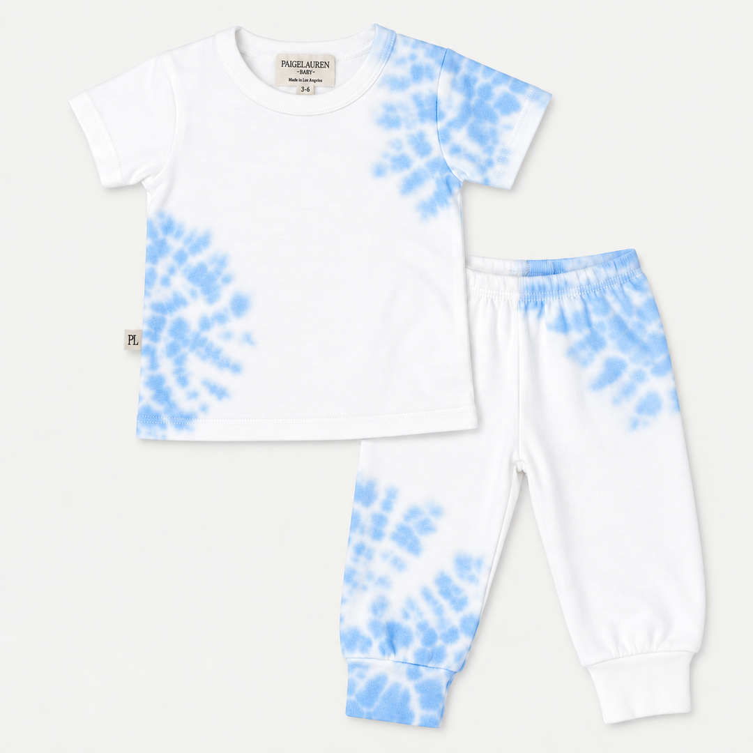PAIGELAUREN Tie Dye Ribbed Tee and Legging Set in Blue and White