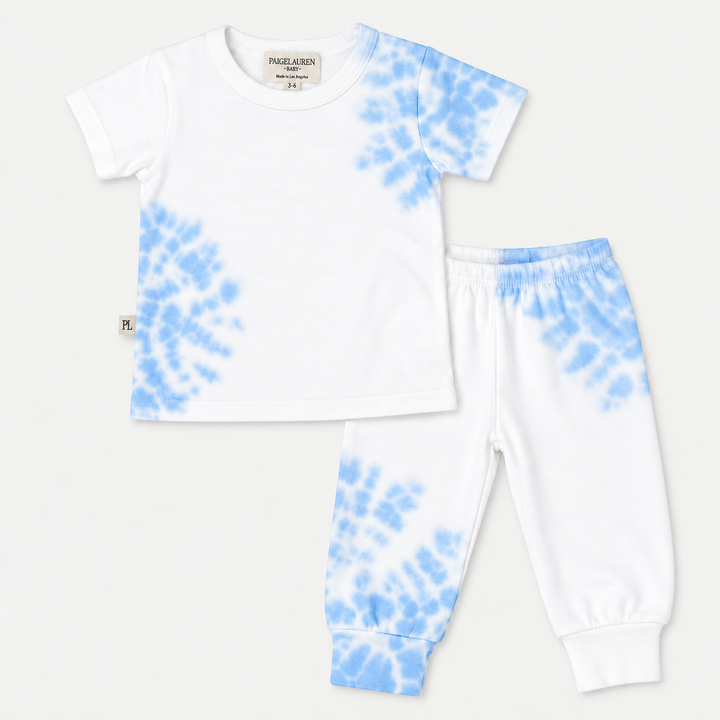 PAIGELAUREN Tie Dye Ribbed Tee and Legging Set in Blue and White