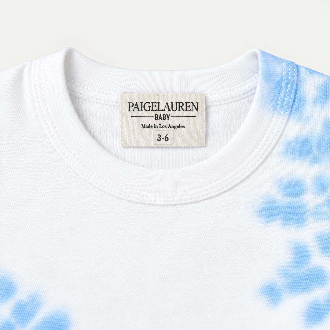PAIGELAUREN Blue and White Tie Dye Ribbed Tee neckline and label detail