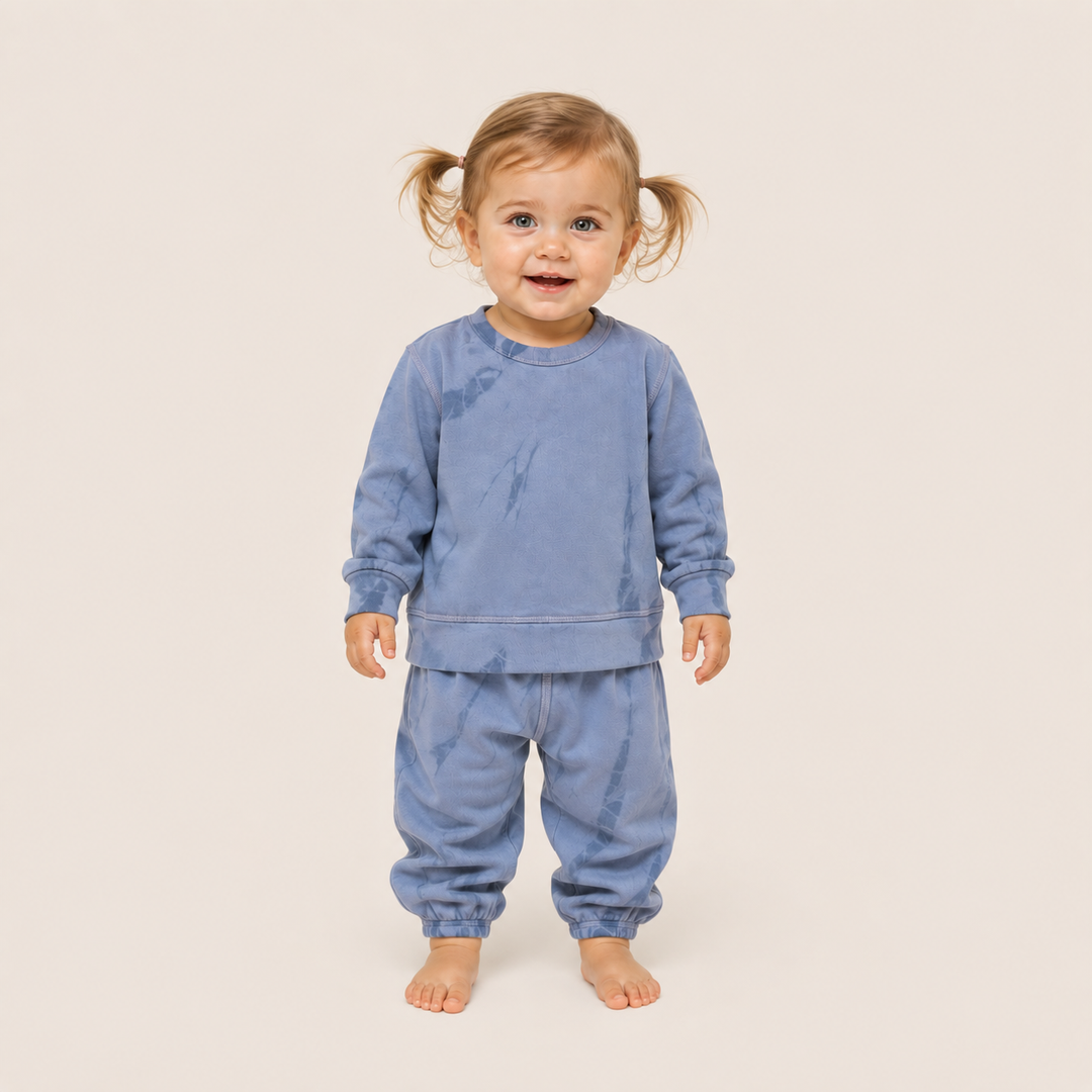 Baby wearing PAIGELAUREN Blue Tonal Dye Fleece Loungewear Set
