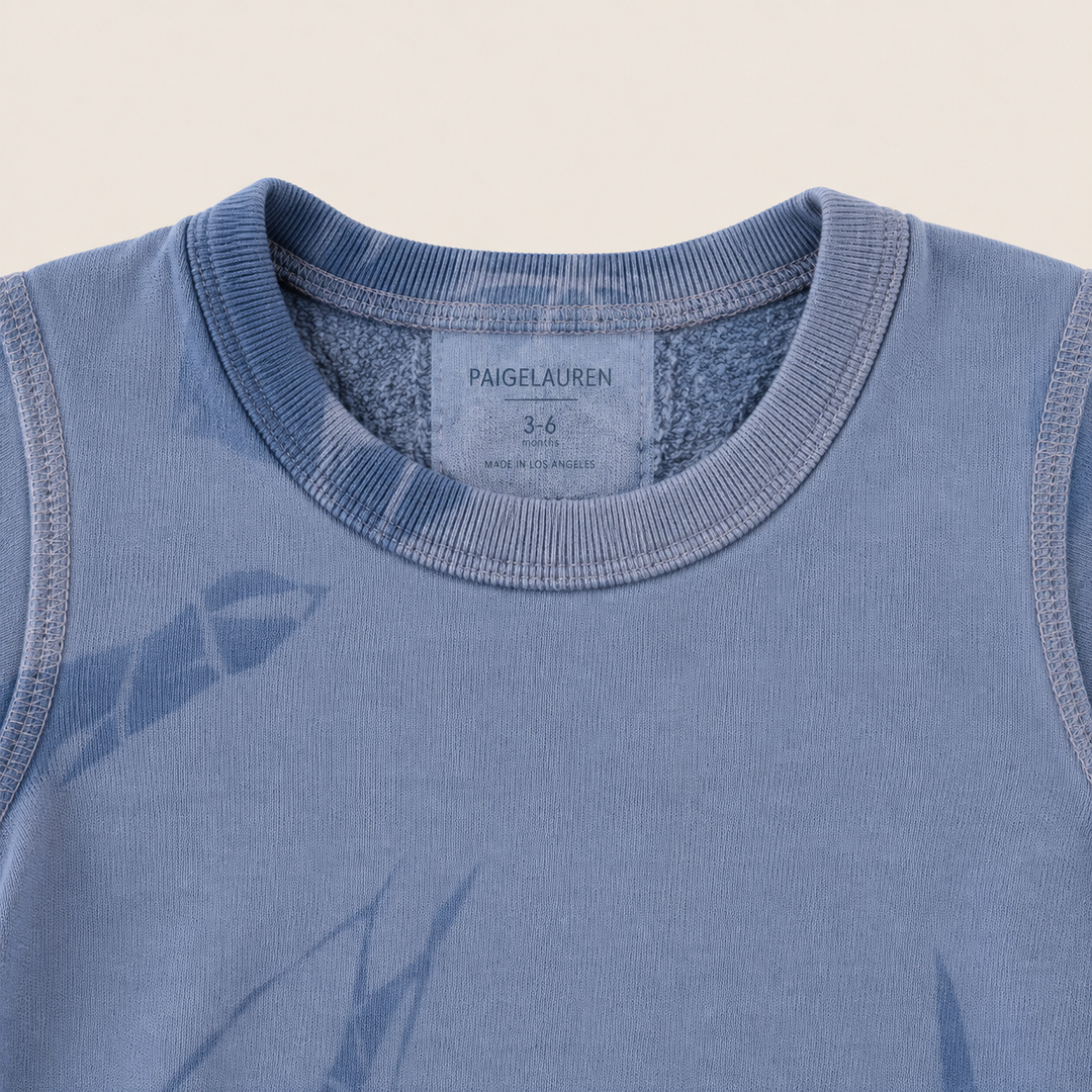 PAIGELAUREN Blue Tonal Dye fleece sweatshirt neckline and label detail