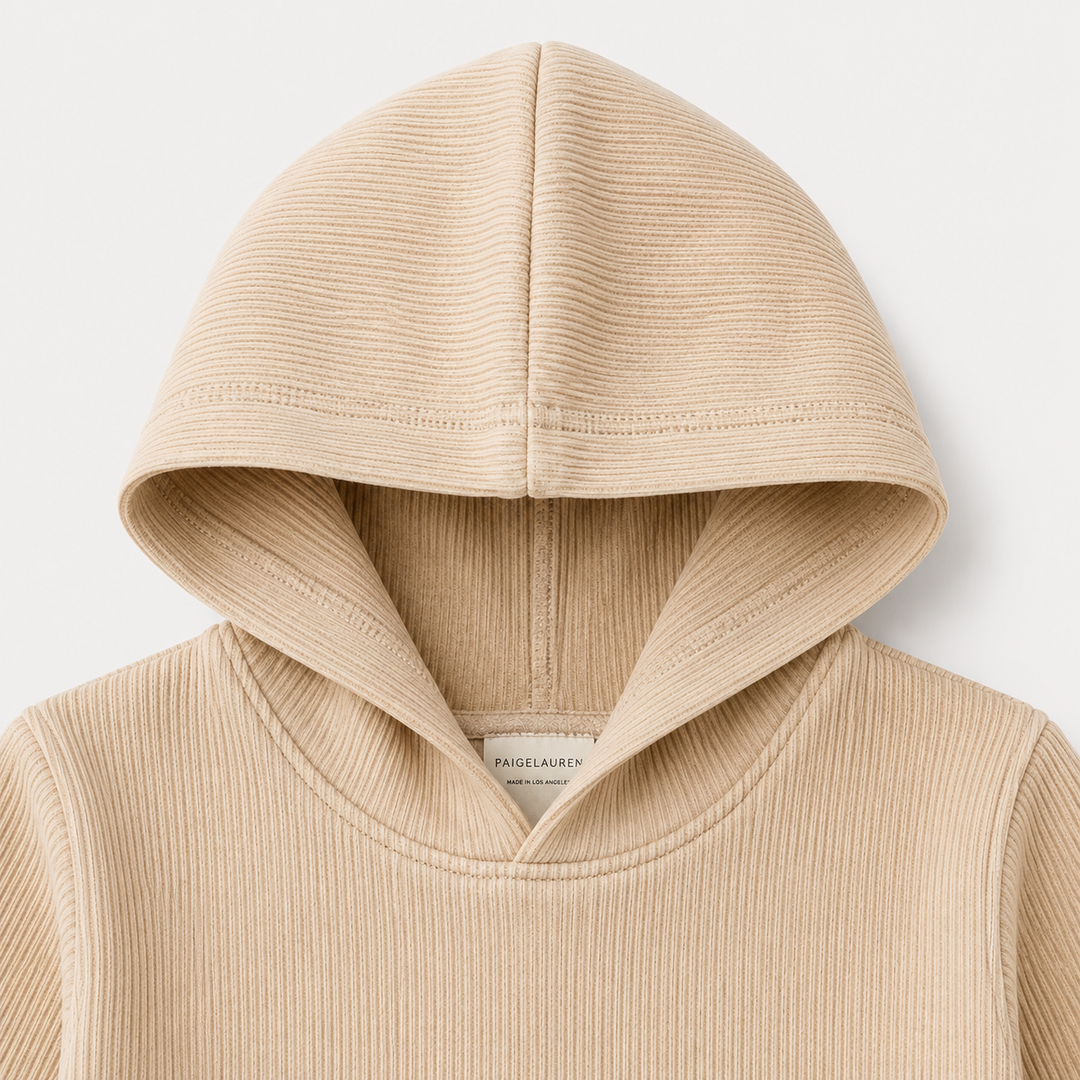 Bone Dip Dye ribbed hoodie neck and hood detail with PAIGELAUREN label
