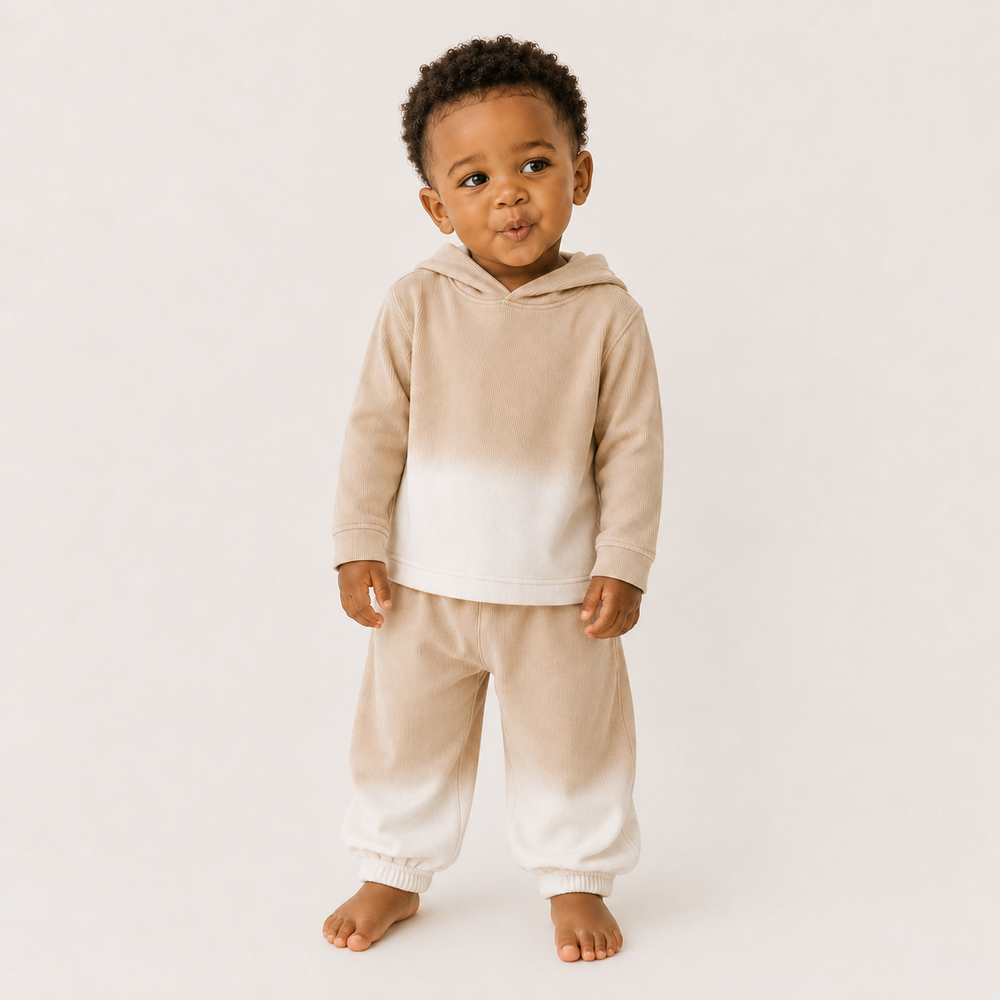 Toddler wearing PAIGELAUREN Bone Dip Dye Ribbed Hoodie and Baggy Pant Set