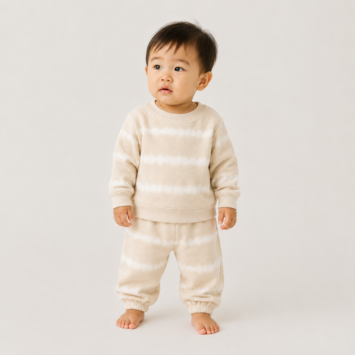 Baby wearing PAIGELAUREN Bone Hand Dyed Stripe Rib Pullover and Pant Set