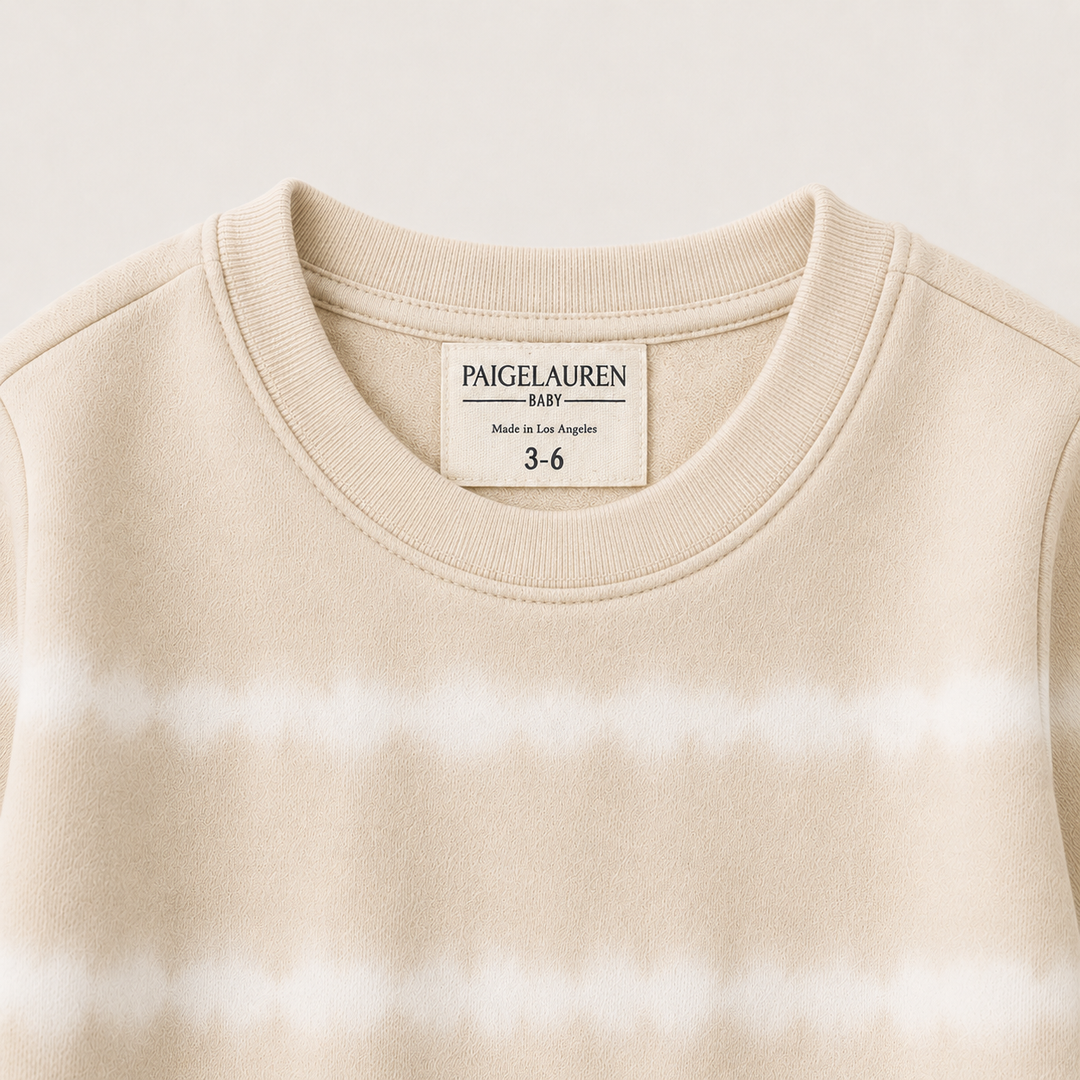 PAIGELAUREN Bone Hand Dyed Stripe Rib Pullover neck and label detail
