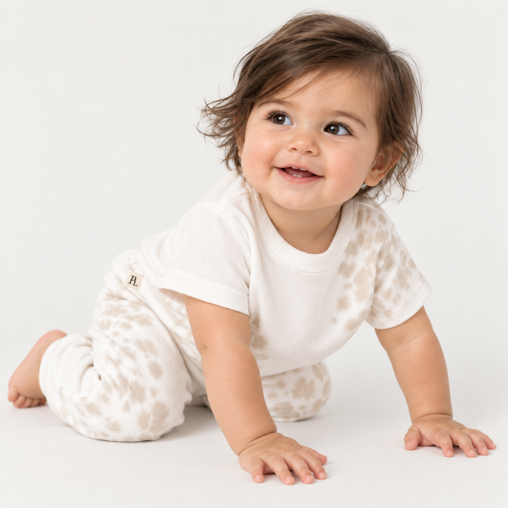 Baby crawling in PAIGELAUREN Bone and White Tie Dye Ribbed Tee and Legging Set
