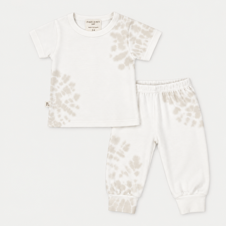PAIGELAUREN Tie Dye Ribbed Tee and Legging Set in Bone and White