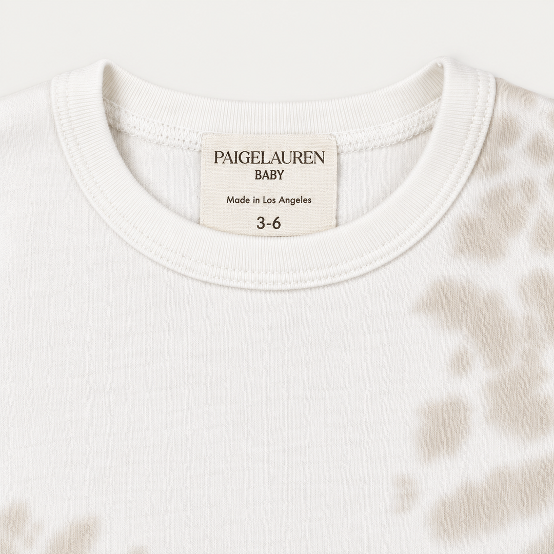 PAIGELAUREN Bone and White Tie Dye Ribbed Tee neckline and label detail