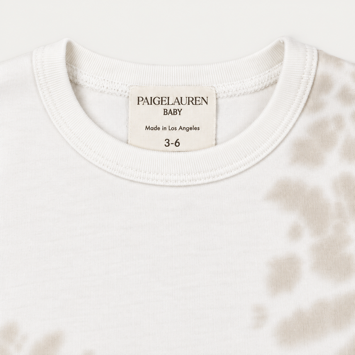PAIGELAUREN Bone and White Tie Dye Ribbed Tee neckline and label detail