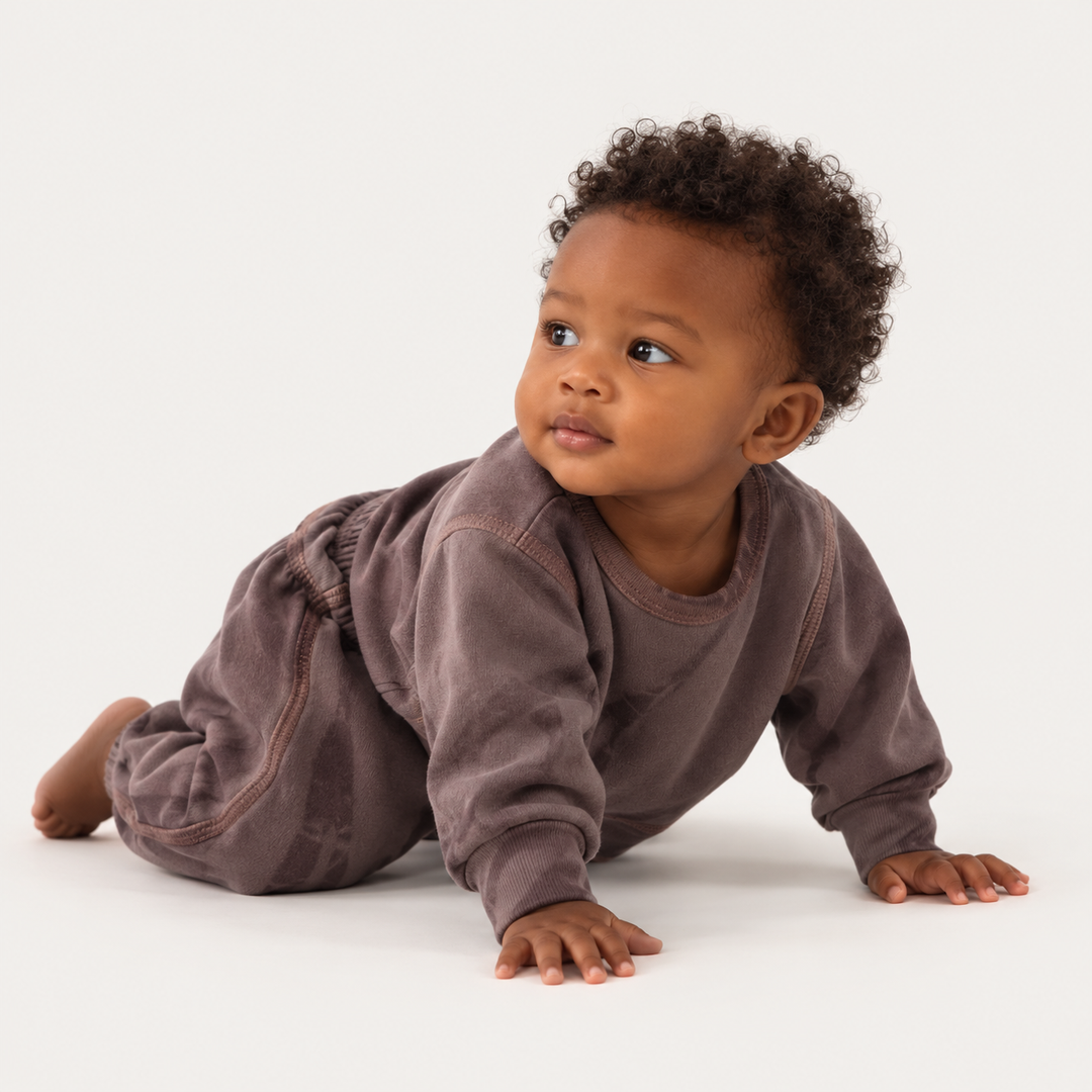 Baby wearing PAIGELAUREN Brown Tonal Dye Fleece Loungewear Set