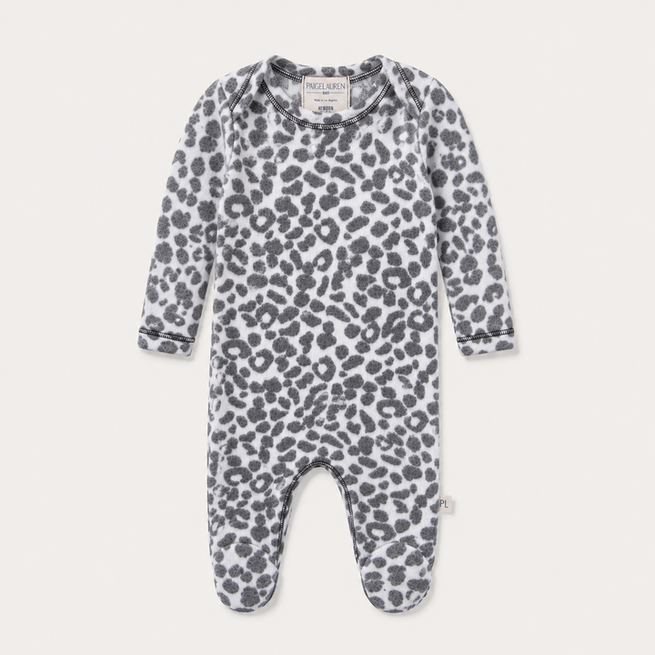 PAIGELAUREN Brushed Hacci Animal Pajama in black and white with soft animal print and footed design