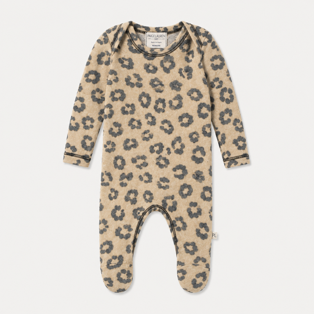PAIGELAUREN Brushed Hacci Animal Pajama in camel with charcoal animal print and footed design