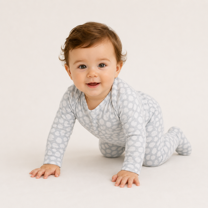 Baby crawling in PAIGELAUREN gray animal print Brushed Hacci Footed Pajama