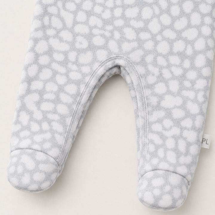 Crotch and footed leg detail of PAIGELAUREN gray Brushed Hacci Animal Pajama