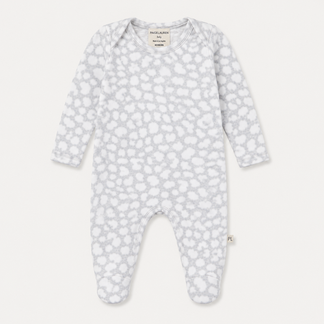 PAIGELAUREN Brushed Hacci Animal Pajama in gray with soft animal print and footed design