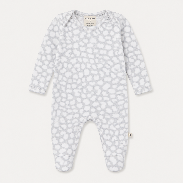 PAIGELAUREN Brushed Hacci Animal Pajama in gray with soft animal print and footed design