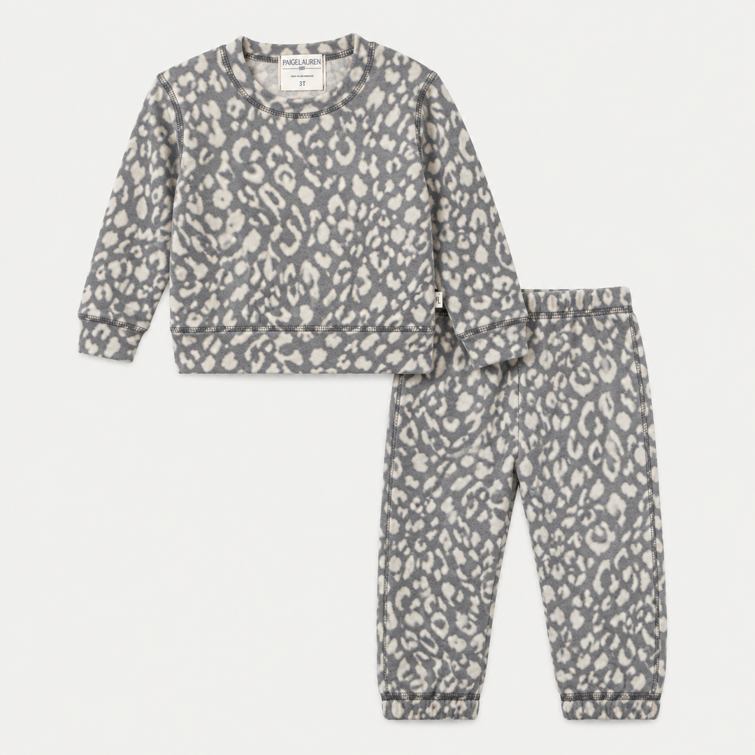 PAIGELAUREN Brushed Hacci Animal Pullover and Pant Set in Gray and Cream