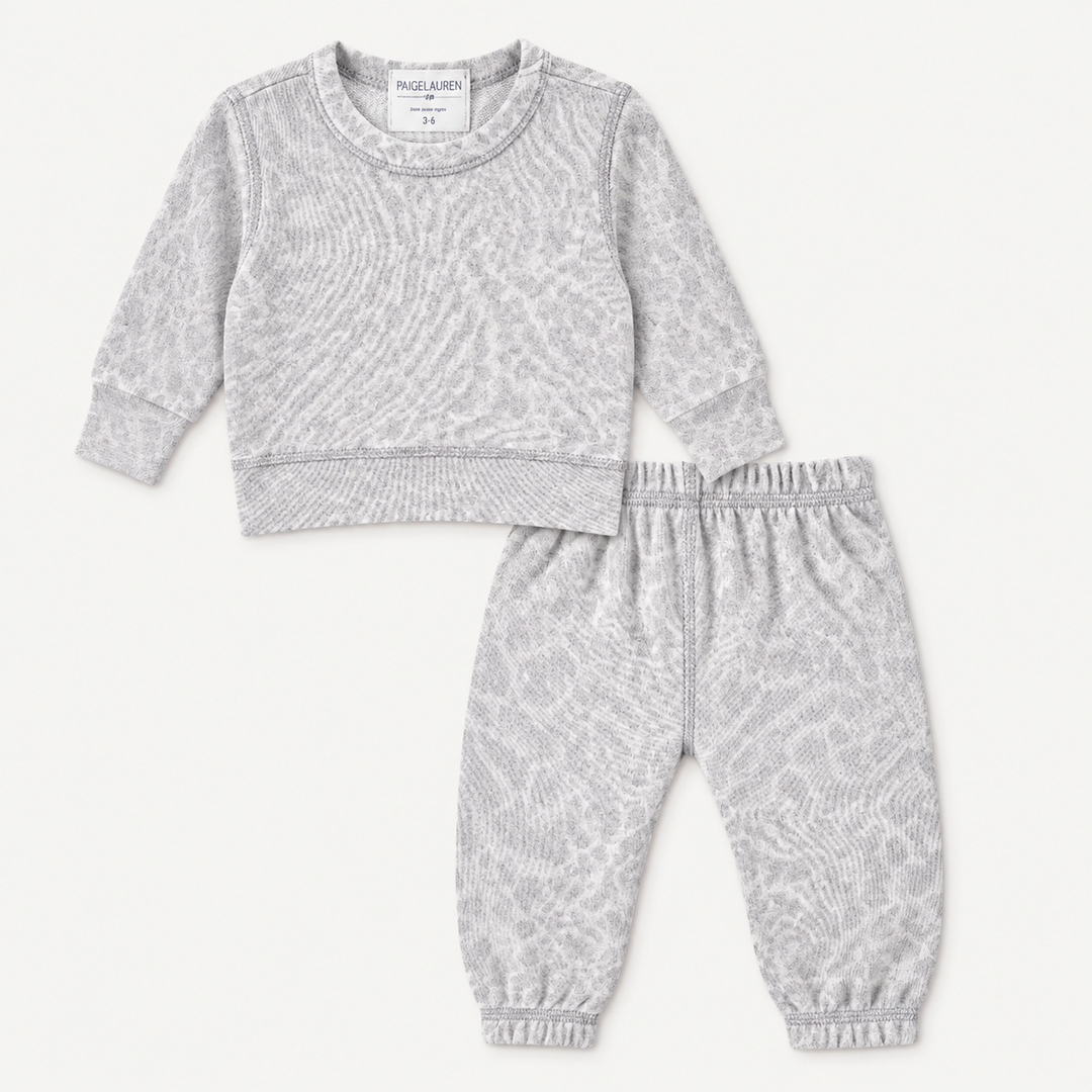 PAIGELAUREN Brushed Hacci Animal Pullover and Pant Set in Gray and Taupe