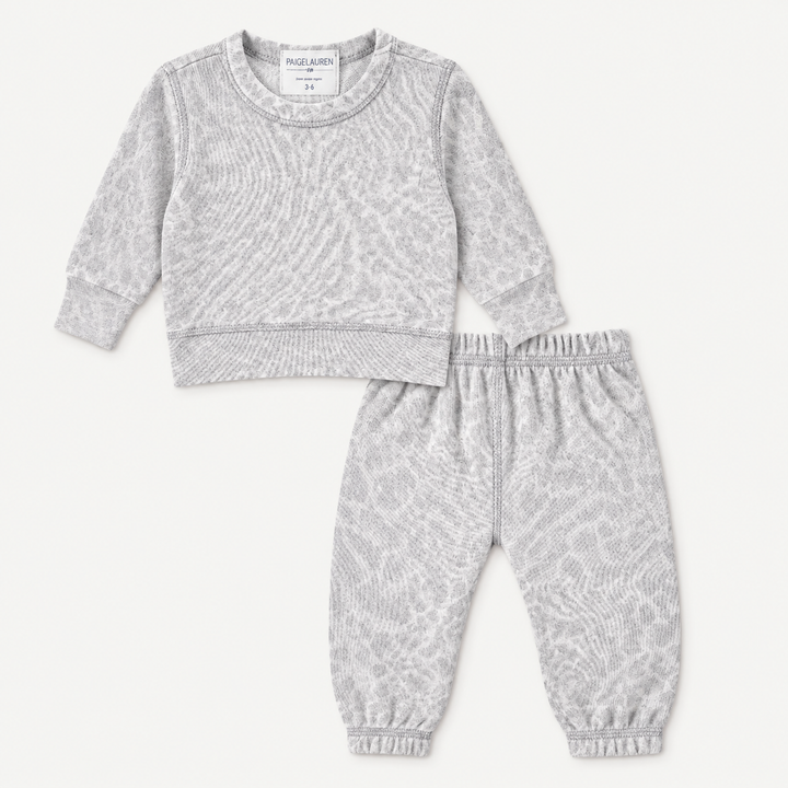 PAIGELAUREN Brushed Hacci Animal Pullover and Pant Set in Gray and Taupe