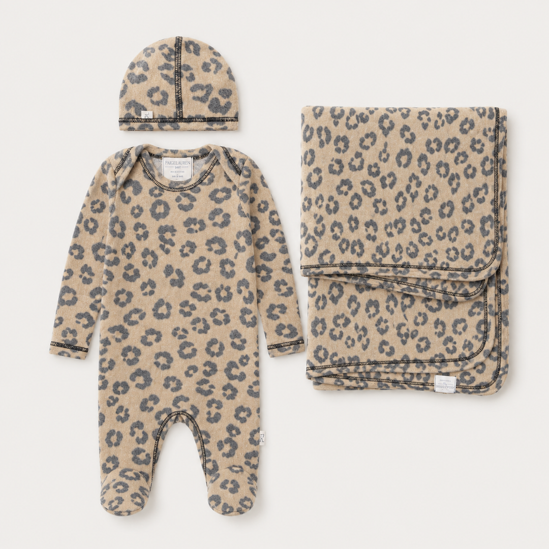 PAIGELAUREN Brushed Hacci Animal Welcome Home Set in Black and Taupe with footed romper, beanie and matching baby blanket