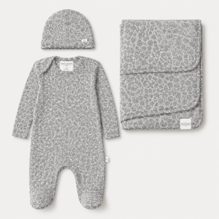 PAIGELAUREN Brushed Hacci Animal Welcome Home Set in Gray and Taupe with footed romper, beanie and matching baby blanket