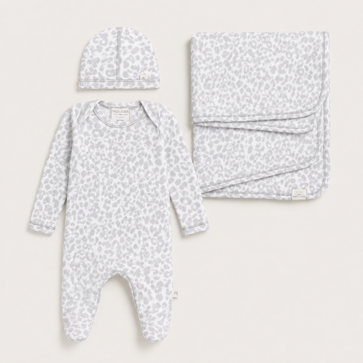 PAIGELAUREN Brushed Hacci Animal Welcome Home Set in Gray and White with footed romper, beanie and matching baby blanket