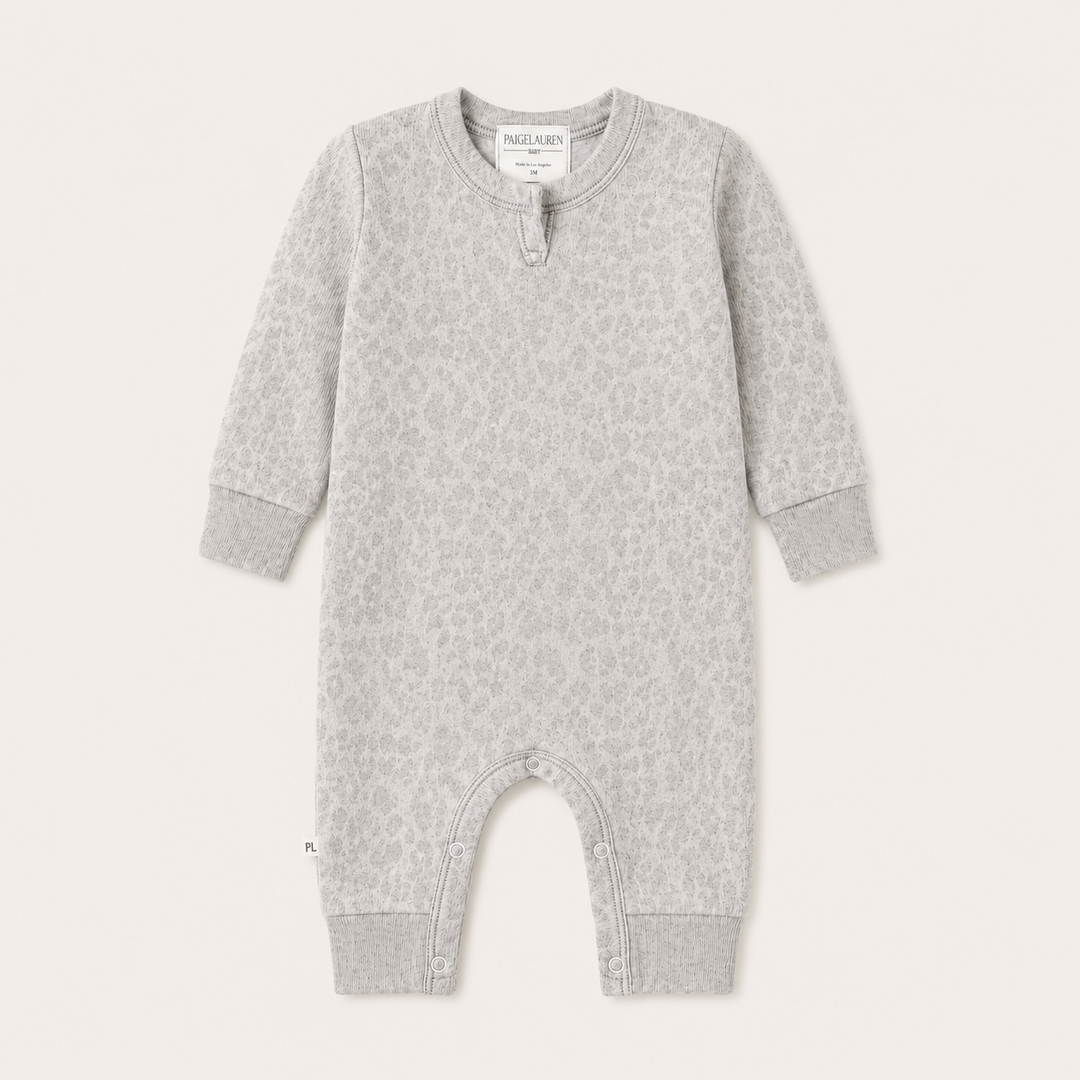 PAIGELAUREN Brushed Hacci Animal Henley Romper in soft brushed Hacci knit with tonal animal print.