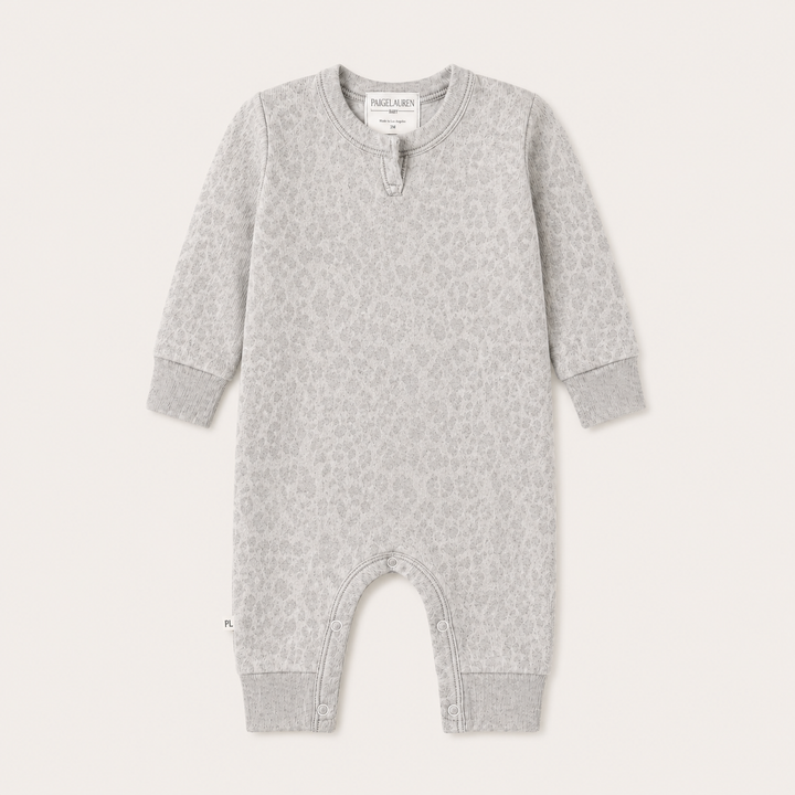 PAIGELAUREN Brushed Hacci Animal Henley Romper in soft brushed Hacci knit with tonal animal print.