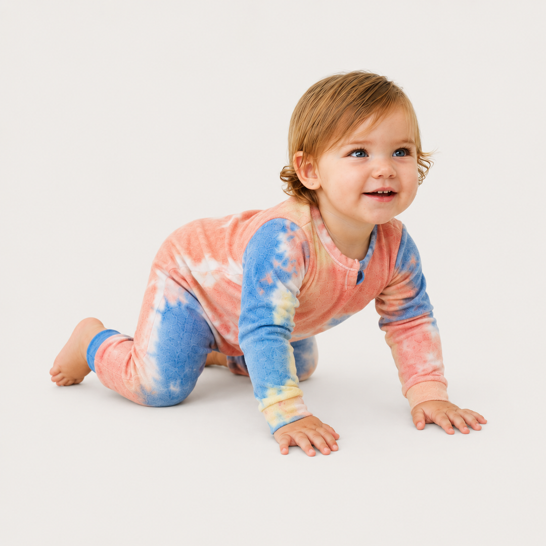 Crawling baby wearing the PAIGELAUREN Brushed Hacci Multi Tie Dye Henley Romper.