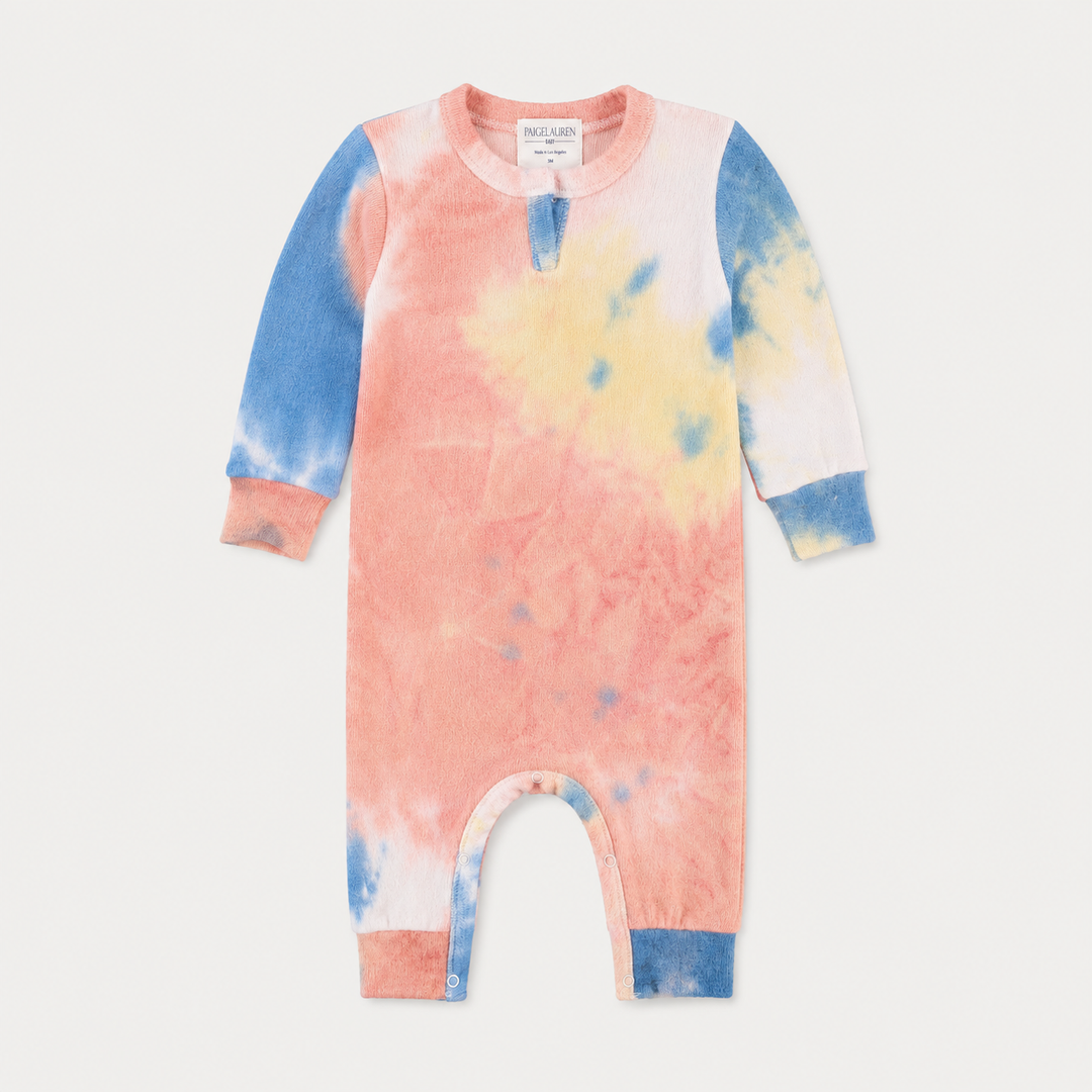 PAIGELAUREN Brushed Hacci Multi Tie Dye Henley Romper made in Los Angeles.