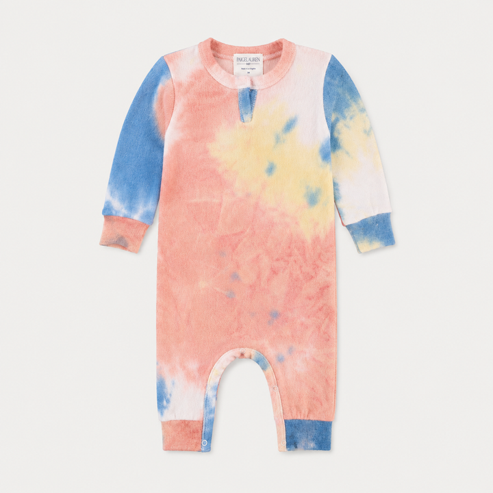 PAIGELAUREN Brushed Hacci Multi Tie Dye Henley Romper made in Los Angeles.