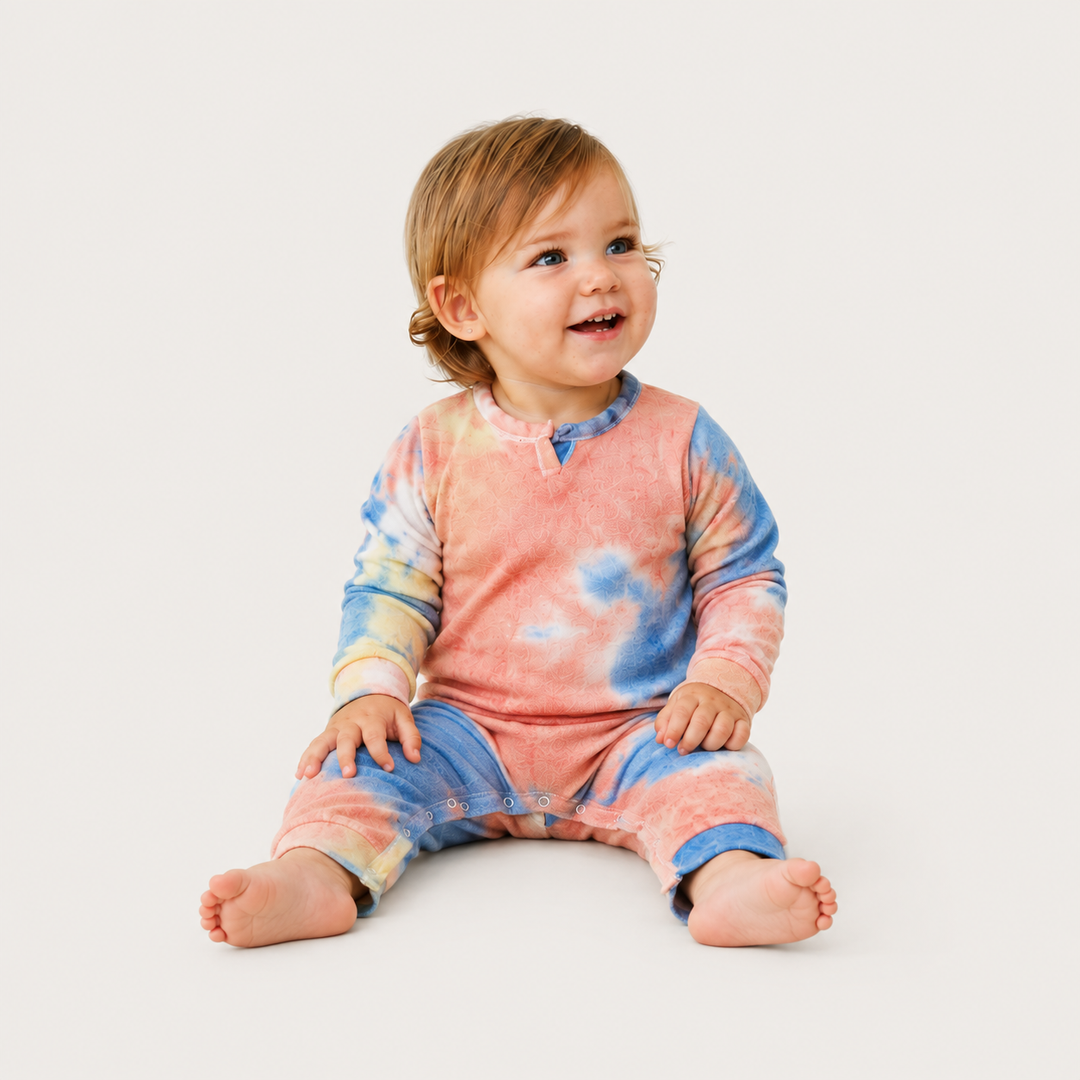Baby wearing the PAIGELAUREN Brushed Hacci Multi Tie Dye Henley Romper.