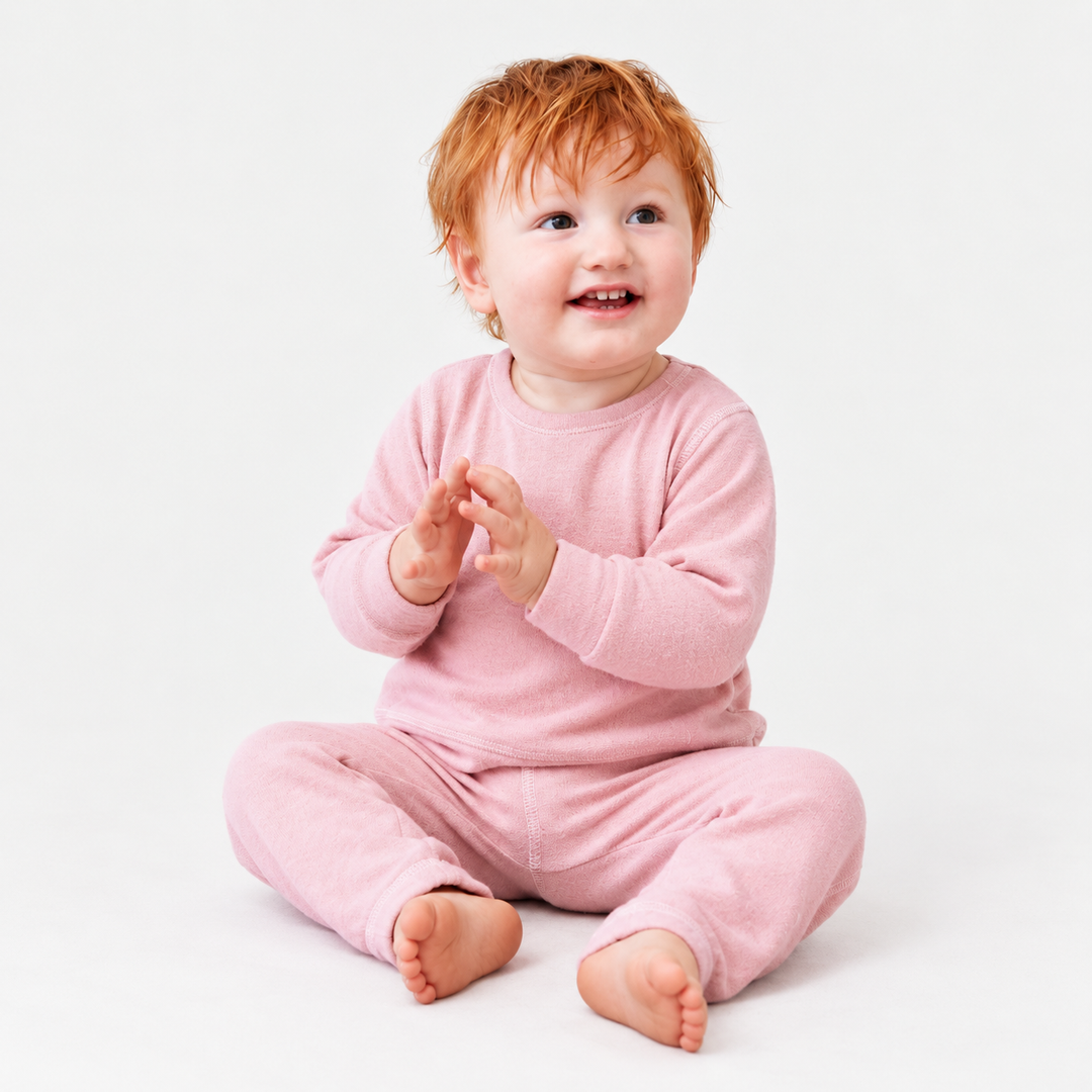 Toddler wearing PAIGELAUREN Pink Brushed Hacci Pullover and Pant Loungewear Set