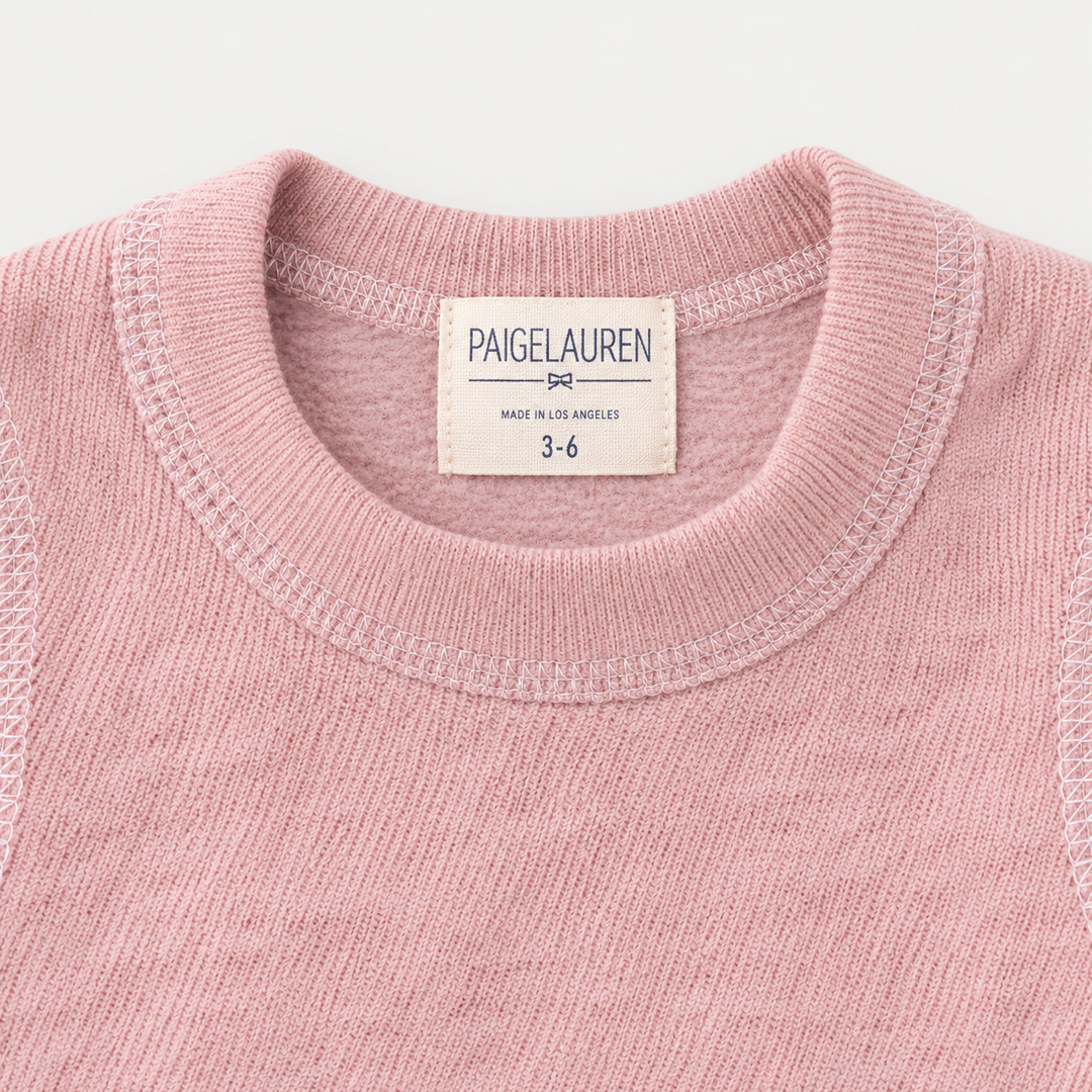 PAIGELAUREN Pink Brushed Hacci Pullover crewneck and label detail